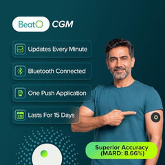 BeatO CGM Continuous Glucose Monitor Device with Nutrition Coach | 2 Consults + 15-Day Diet Plan | Real-Time Blood Sugar Checking Machine | 24/7 Glucose Monitor Device | Bluetooth Connected | Pack of 2