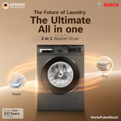 Bosch 12 kg (washer), 7 kg (Dryer) Front Load Fully Automatic Washer Dryer Machine, AI ActiveWater, Inbuilt heater, 14 Wash Programs, 66L Large Drum, Cast Iron Grey, WNA2740RIN (2026 model)