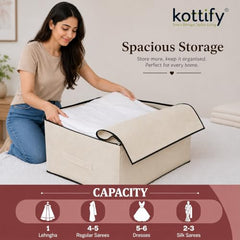 Kottify Cotton Canvas Clothes Storage Bags Pack of 3 | Saree Covers with Zip | Wardrobe Organizer for Women’s Dresses, Sarees & Lehengas | Breathable Fabric Storage Bag with Window (17 x 14 x 7 Inch)