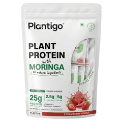 Plantigo Plant Protein Powder with Moringa Superfood | 25g Protein, 5g BCAA, 2.5g Leucine, Digestive Enzymes | 3rd Party Lab Tested | Lush Mango Flavor - Travel Pouch