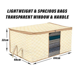 Kuber Industries Non-Woven Underbed Storage Bag | Clothes Storage Organizer | Blanket Cover With Clear Window | Zipper Closure & Handle Cloth Organizer | Check-Design | Large | Pack Of 4 | Cream