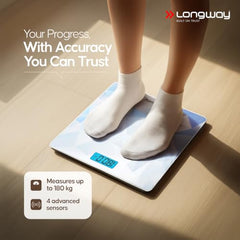 Longway Weight Machine for Home | Digital Bathroom Scale for Human Body Weight Measurement | Extra Thick Tempered Glass with LCD Display | 3 Years Warranty (Blue | Max Weight 180Kgs | Sapphire)