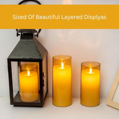 Flameless LED Pillar Candle Set of 2 | Acrylic Fiber Glass | Dancing Faux Wick | Remote Control with Battery Operated 3 AA | Home Décor & Gifting | 3" D x 6" H | Red