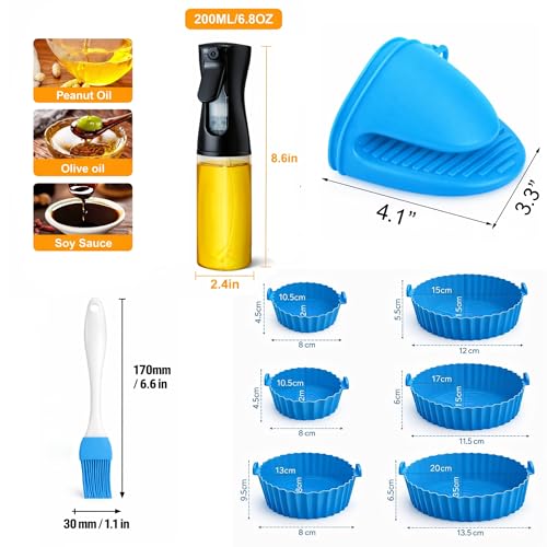 10 PCS Air Fryer Accessories Combo Kit – Silicone Air Fryer Liners Set, 200ml Oil Spray Bottle, Silicone Brush, Spatula & Heat Resistant Grip | Reusable Non-Stick Air Fryer Kitchen Tools