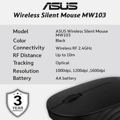 ASUS Wireless Mouse MW103, Silent Click Design with Ambidextrous Shape, 1600DPI Resolution, RF 2.4GHz Connectivity, 3 Years Warranty, Black