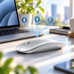Offbeat - Atom Dual Bluetooth 5.1+5.1 & 2.4Ghz Wireless, Type-C Rechargeable 100 Hours Battery Silent Click Mouse, Triple Device connectivity Windows, Mac, iOS, Android (Silver)