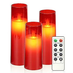 Flameless LED Pillar Candle Set of 2 | Acrylic Fiber Glass | Dancing Faux Wick | Remote Control with Battery Operated 3 AA | Home Décor & Gifting | 3" D x 6" H | Red
