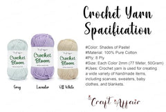 Craft Affair | Crochet Bloom Cotton Yarn 8ply (Each Color 2mm, 77Meter, 50Gram) 100% Pure Cotton | for Knitting Yarn | Craft & DIY Project: Grey, Pink, Off White