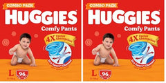 Huggies Comfy Pants Baby Diaper, Large (L) Size (9-14 Kgs), Pack of 192 (96 count, Pack of 2)