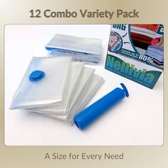 25 Pack Vacuum Storage Bags, Compression Space Saver Bags for Comforters, Blankets and Clothes, Durable Seal, Puncture Resistant, Safe Poly Material, Preserves and Protects, Hand Pump Included
