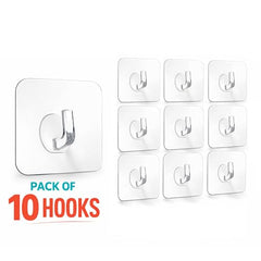 BRAND VILLA Transparent Self Adhesive Wall Hooks, Heavy Duty No Drill Nail Free Sticky Hooks for Kitchen, Bathroom, Keys, Towels & Home Organization (Pack of 10)