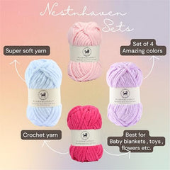 NESTNHAVEN , Plush & Cuddly Sets 2.0 , Chenille Yarn Supersoft Hand Knitting Wool Ball, set of 4 , 400 grams (1 Ball/100 Gram Each) Suitable for Craft, Babywear, Toys , Baby Blankets , 5 Bulky, Shades - NNHS 2.0 (Set 26 baby Pink , lilac , hot pink…
