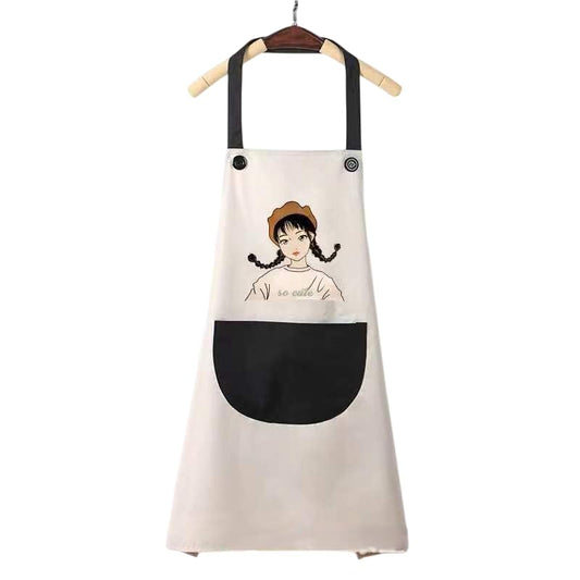 MOMISY Waterproof Kitchen Apron, Cooking Apron with Large Front Pocket, Cute Girl Print Design (OffWhite Black)