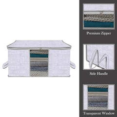 Amazon Brand - Solimo Underbed Storage Bag | Clothes Storage Organizer | Clear Window Blanket Cover | Cloth Organizer With Handle | Jute-Print Design | Large (Grey, Pack Of 3), 65 X 47 X 31 Cm