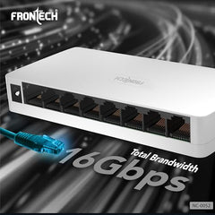 FRONTECH 8 Port Gigabit Ethernet Switch | 10/100/1000Mbps | Plug & Play LAN Hub for Router, Computer, Gaming Console, Printer & IP Camera | Wall Mountable | Hi-Speed Network Switch (NC-0052)