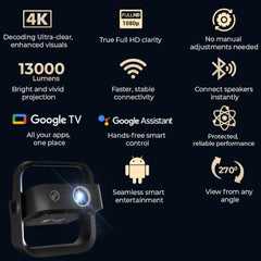 WZATCO Yuva Go Ultra Official Netflix & Google TV | Projector 4k Ultra HD | Native 1080P Full HD | | Auto Focus | Sealed Engine | 13000 Lumens | WiFi BT | Chromecast | ARC | Home Cinema