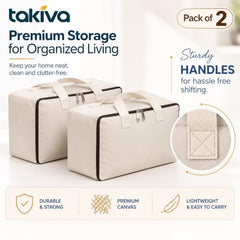 TAKIVA Cotton Canvas Storage Bags for Clothes Large (Pack of 2) | Blanket Storage Box | Canvas Blanket Storage Bags | Cloth Storages Bags for Clothes & Quilts | Foldable Under Bed Storage Organizer
