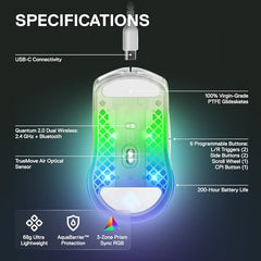 SteelSeries Aerox 3 Wireless Gen 2 - Ultralight 68g Gaming Mouse, 4K Polling, 26K DPI Optical Sensor, 200 Hours Battery Life, IP54, 80 Million Clicks, RGB, Pure PTFE Gliding Feet, Shadow