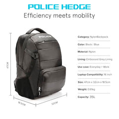 Police 35 Litre Office Laptop Backpack Bag for Man/Women Water Resistant College Bag for Boys Stylish Trendy and Durable - Black
