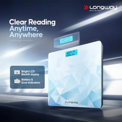 Longway Weight Machine for Home | Digital Bathroom Scale for Human Body Weight Measurement | Extra Thick Tempered Glass with LCD Display | 3 Years Warranty (Blue | Max Weight 180Kgs | Sapphire)