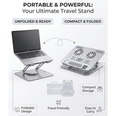 COOLCOLD Laptop Stand with Detachable Magnetic Dual Cooling Fans, 360° Rotating Base, Adjustable Height & Angle, Foldable Ergonomic Holder for Up to 14 Inch Laptops, MacBook, HP, Dell, Lenovo, Grey