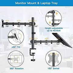 Laptop Desk Arm with Clamp and Grommet, Swivel and Tilt Function (Dual Arm with Monitor & Laptop)