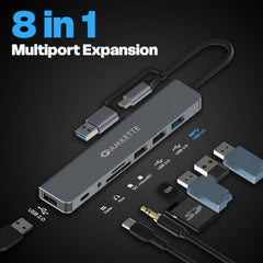 Amkette 8-in-1 Plus (A+C) USB Hub for Laptop, USB Hub Type C with USB 3.0, SD/TF Card Reader, 3.5mm Audio Jack, External HDD Support, Type C Hub Compatible with Windows, macOS & Linux