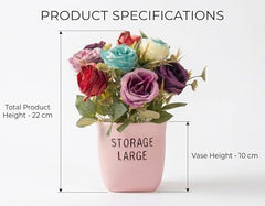 Dekorly Premium Artificial New Rose Flower with Pink Decorative Pot (Storage Large) – 22 cm Faux Flower Arrangement for Home Decor Living Room Bedroom Office Decor (1, Rose)