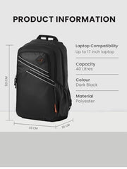 Wildcraft Dark Edition 40 L Premium Laptop Backpack for Men & Women | Fits 15.6 inch Laptop | Padded Shoulder Straps, Multi Compartments, Anti-Theft Zippers | Business Travel Bag | Dark Black