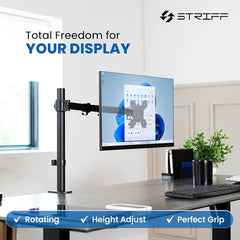 STRIFF Single Monitor Stand with Full Motion Arm | 360° Rotation & Height Adjustable Desk Table Mount | Universal VESA Bracket with C-Clamp | Fits 13–32 Inch Computer/LCD Screens | Holds 4.4–19.8 lbs