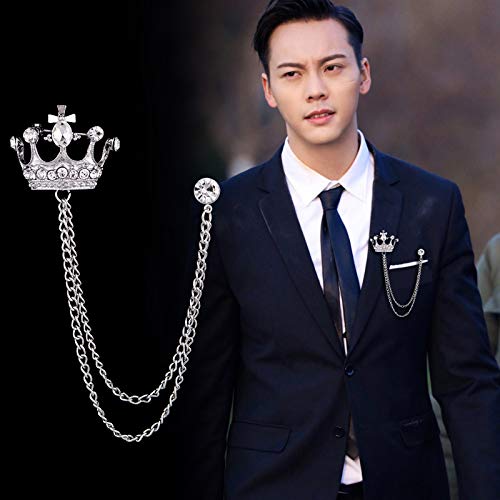 SYGA Men's & Women Suit Shirt Stud Lapel Pin Chain Tassel Brooch Pin with Crystal Chain(Silver Crown)