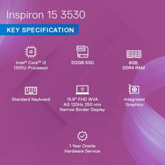 Dell Inspiron 3530 13th Gen Laptop, Intel Core i3-1305U, 8GB RAM,512GB SSD, 14.9"(38cm) FHD AG 120Hz 250nits Display, Windows11 + MSO'21 & McAfee 15M Subscription, Platinum Silver, Thin & Light–1.62kg