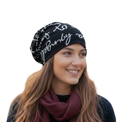 MOMISY Women Unisex Winter Beanie Hat & Neck Warmer | Knitted Multifunctional Scarf Cap with Letter Print | Warm Pullover Hat (in, Alpha, Free Size, BlackLetter)