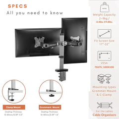 Artikel Double Monitor Desk Mount | Adjustable Heavy Duty Monitor Arms | VESA Mount with C Clamp & Grommet Mounting Base | Computer Monitor Stand for Screen up to 27 inch | Table Mounted | Black