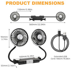 RIGGEAR Car Fan, Back Seat Car USB Fan with Dual Head 3 Speed Adjustable Cooling Air with 360° Flexible Rotation, Independent Switch USB Car Fan for Seat Headrest with Small LED Lamp