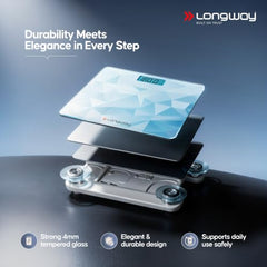 Longway Weight Machine for Home | Digital Bathroom Scale for Human Body Weight Measurement | Extra Thick Tempered Glass with LCD Display | 3 Years Warranty (Blue | Max Weight 180Kgs | Sapphire)