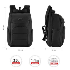 HARISSONS Teknos Business Travel Laptop Backpack | 35L | Fits 15.6” Laptop | 900D PU-Coated Polyester & Vegan Leather | Work, Travel & Commute | USB Port, Anti-Theft Pocket, Rain Cover (Black)