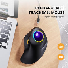 ProtoArc EM03 Wireless Bluetooth Trackball Mouse, Ergonomic RGB Rollerball Rechargeable for Computer, Laptop, 3 Device Connection & Index Finger Control for iPad, Mac, Windows - Graphite