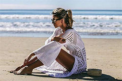 MOMISY Women's Summer Beach Dress White Long Sleeve Square Neck Lace Hollow Crochet Bikini Cover Up Beachwear Dress - White