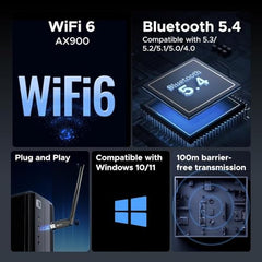 ARVOX AX900 900 Mbps WiFi 6 + Bluetooth 5.4 Wireless Network USB Adapter for Desktop PC with 2.4Ghz/5Ghz High Gain Dual Band 5 Dbi Antenna Wi-Fi, Supports Windows 11/10 MU-MIMO WPA3 OFDMA