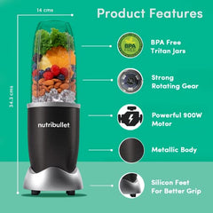 Nutribullet Pro 900W Slate, 12 Pcs Set, USA #1 Mixer/Grinder/Smoothie Maker, "The Original Nutribullet", Best Blender, Food Processor, 3 Unbreakable Jars, 2 Blade Sets(Wet & Dry), 900W, 2 Yrs Warranty
