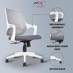 MRC Mono Ergonomic Office Chair (Mid-Back) – Revolving Breathable Mesh Desk Chair for Work from Home & Study–Lumbar Support & Heavy Duty Nylon Base (Grey & White)