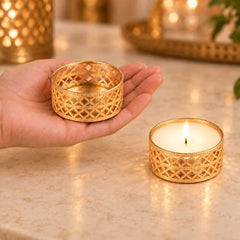 Little Blooms 12-pcs Metal Tea Light Holder - Golden Round Decorative Diya Stand | Tealight Candle Holders for Home Decor | Elegant Tealight Holder for Festivals & Special Occasions