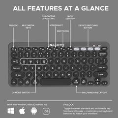 Amkette New and Improved Optimus BT 4-in-1 Multi-Device Wireless Keyboard, Pop Keys, Bluetooth, One-Click Device Switching, AI Access, Dual OS Layout, Windows, macOS, Android & iOS Compatible, Black