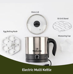 FRESHOME Electric Multipurpose Kettle 1.2L, 600W, with Stainless Steel Body, Egg Rack, Grill Rack, 3 Heating Modes & Rapid Boil Technology, Boiling Water, Tea, Coffee, Oats, Noodle, Soup (Silver)