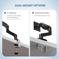 Portronics Aerolift Solo Gas Spring Monitor Arm, Desk Mount for 13–32 Inch Screens, VESA 75x75 & 100x100 mm, Full Motion Tilt/Swivel/Rotation, C-Clamp & Grommet Installation, Aluminium Build