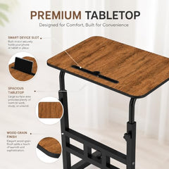 Amazon Basics Adjustable Sofa Side Table with Wheels, Portable Bedside Table for Bed and Sofa, Rolling Study Desk, Height Adjustable 26-34 Inch, 23.5 x 15.5 Inch Top Brown