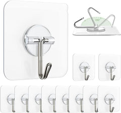 Hooks for Wall Without Drilling, 10 Pack Self Adhesive Hooks for Wall Heavy Duty Rotate Strong Nail Free for Hanging Photo Frame (Hanging Hook, Transparent)