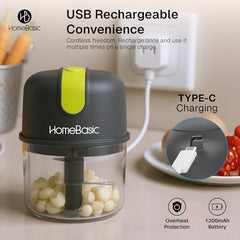 HOMEBASIC Electric Chopper for Kitchen 250ml, Cordless Mini Food Processor, 30W Motor, 3 Stainless Steel Blades, USB-C Rechargeable, BPA-Free Bowl for Garlic, Onion, Ginger & Nuts (HB-C200)