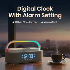 Portronics String 16W HD Sound Bluetooth Speaker with 15W Wireless Charging, RGB LED Lights, Digital Clock with Alarm Setting, Built-in White Noise, USB/SD Card/AUX in, Type C Charging(White)
